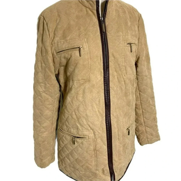 Pamela McCoy S tan with brown trim quilted zip coat with 4 front pockets - Picture 2 of 5